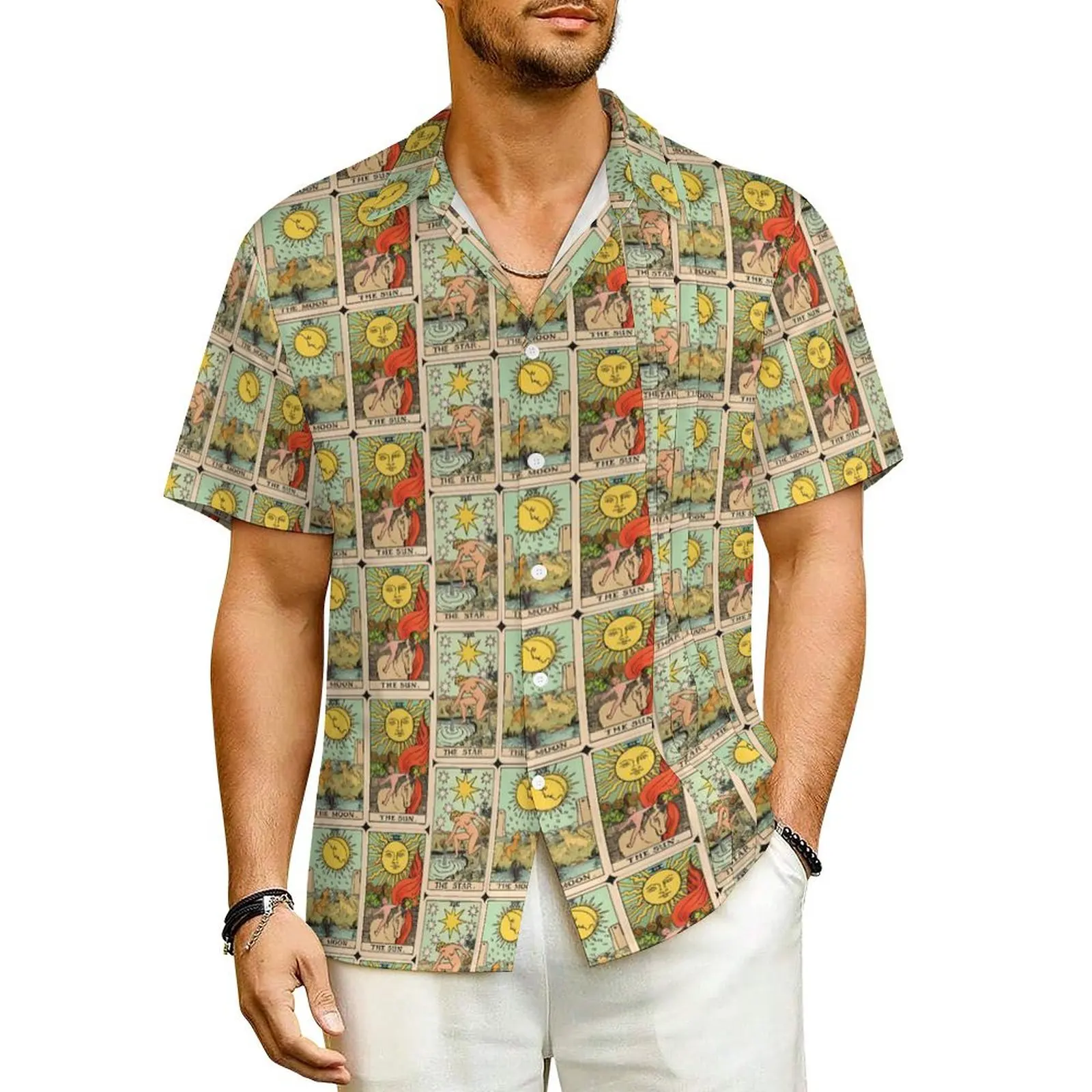 

Vintage Tarot Cards Casual Shirt Sun Moon Stars Elegant Hawaii Shirts Men Short Sleeve Vacation Fashion Design Oversized Blouses