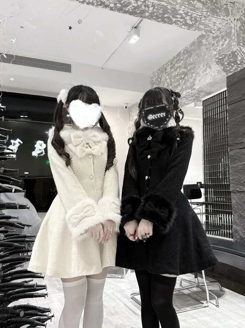 Casaco de Renda Produzido em Massa, 30% Lã, Ajuste na Cintura, Top Longo com Enchimento de Algodão, Gola de Pele, Jaqueta Slim-Fit de Botão Único Japonesa