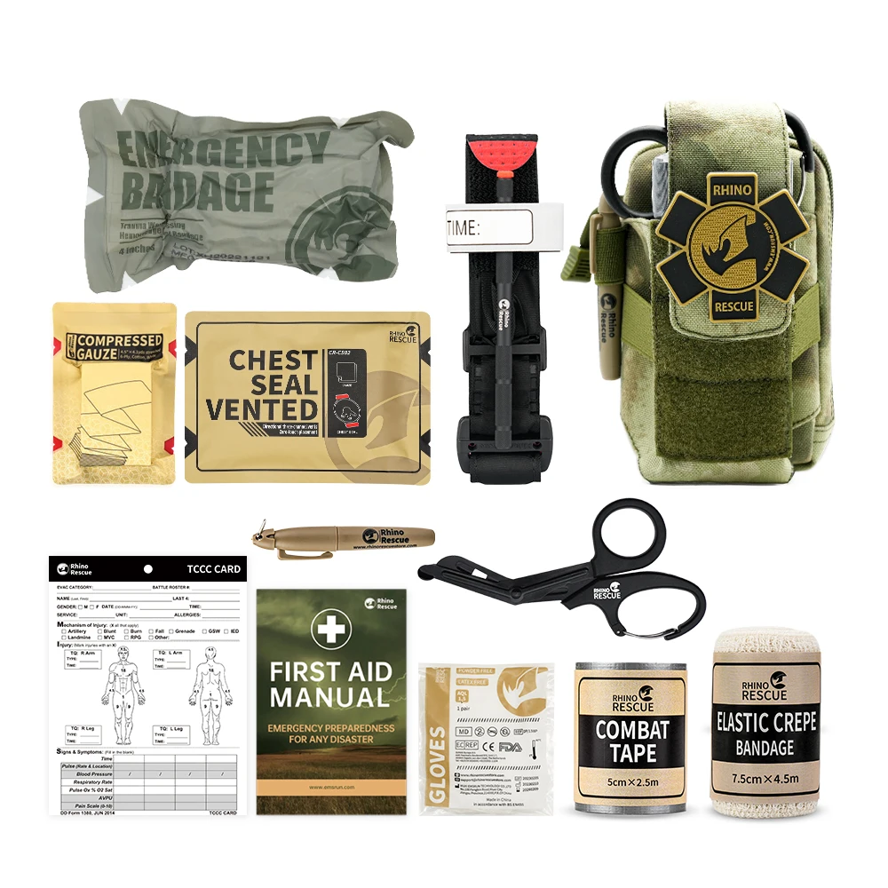 RHINO RESCUE EDC IFAK Survival Trauma Kit Molle Tactical Pouch With Metal Tourniquets,Bandage,Chest Seal For Camping Hiking Bag