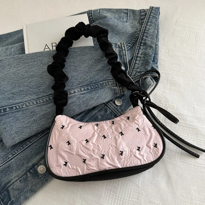 Grid Bow Denim Lace Ribbon Bag For Women Stretchable Shoulder Strap Single Shoulder Underarm Bag Daily Commuting Student Handbag
