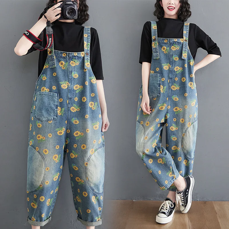 

Vintage Jumpsuits Print Washed Overalls Women Jean Jumpsuits Wide Leg Pants One Piece Casual Denim Pant Spliced Pockets