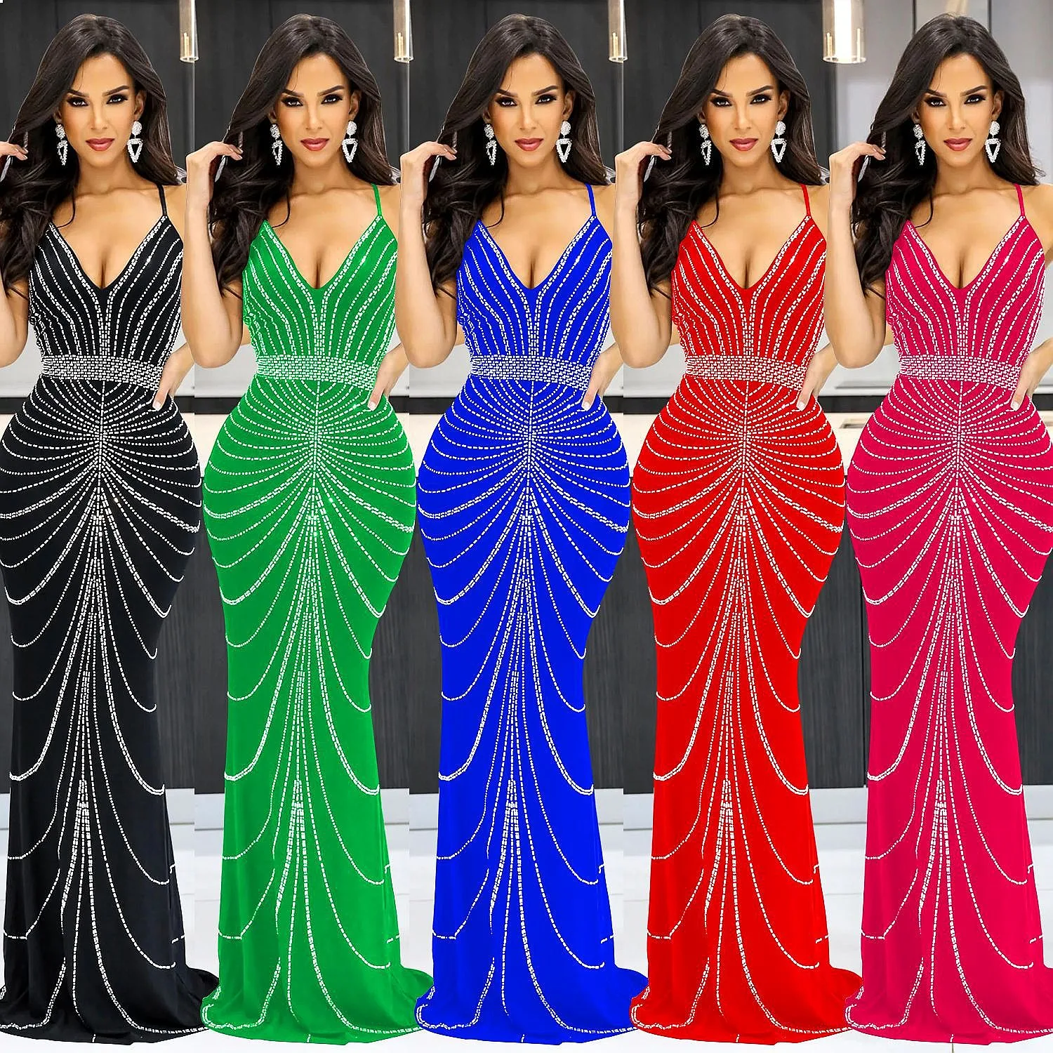 Women Sleeveless Maxi Dress Dresses Rhinestone Backless Solid Cami Evening Dress
