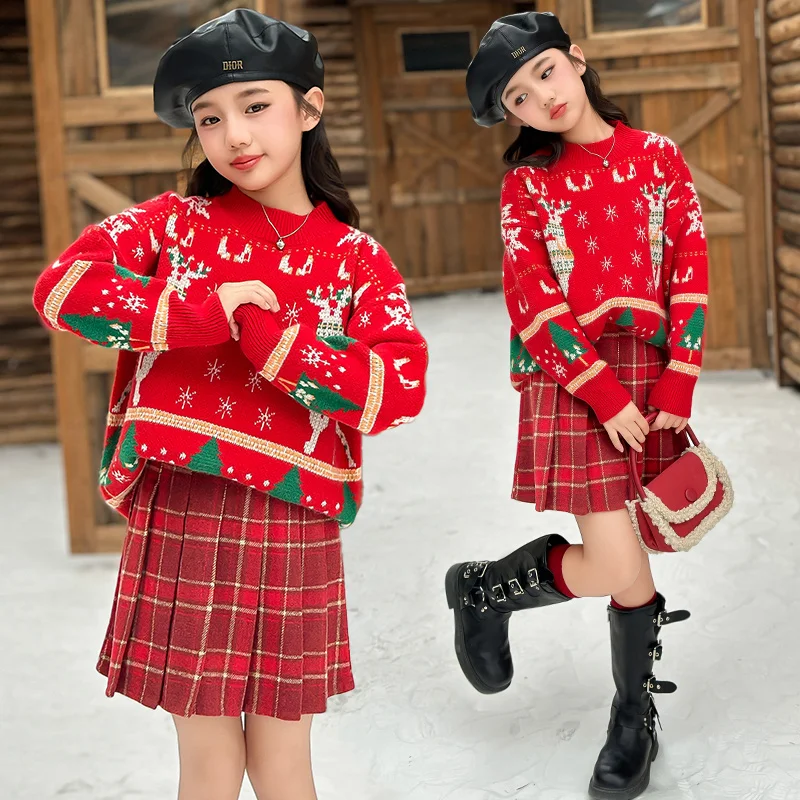 Christmas teen Girls clothes Set red Deer Sweater+plaid pleated skirt 2pcs 4-14 junior kids suit children outfits ensemble fille