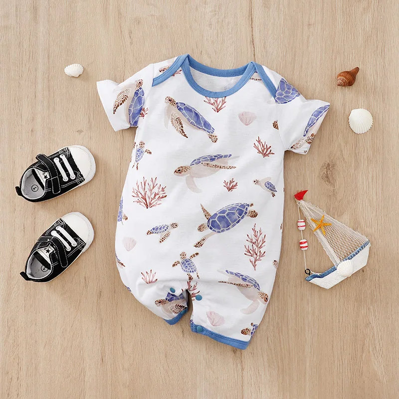 0-36M summer baby boy and girl round neck short sleeved jumpsuit with full print turtle for comfortable and breathable comfort