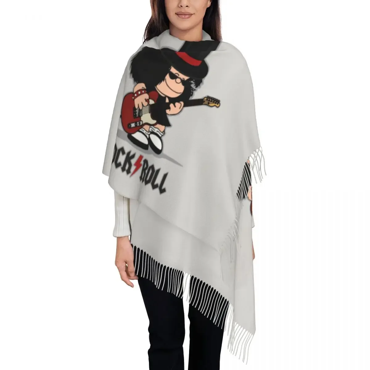 Stylish Comic Mafalda Rock Guitar Tassel Scarf Women Winter Fall Warm Shawls Wraps Lady Cartoon Quino Manga Scarves