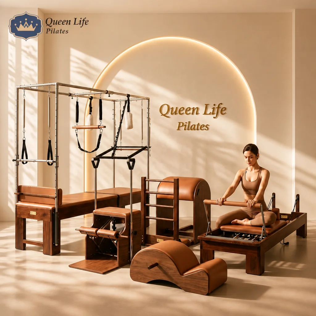 Commercial Grade Walnut Wood Pilates Reformer Equipment 5-pieces Set Solid Full Studio Package Machine for Yoga Studio