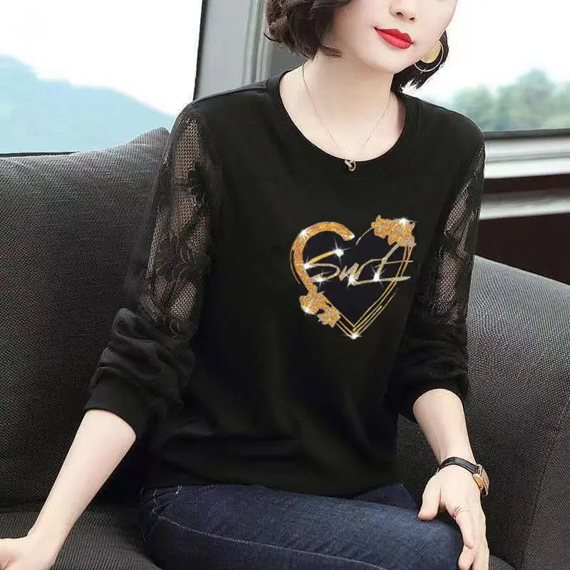 2024 New Spring Autumn Women Fashion Commute Spliced Lace Hollow Out Long Sleeve Round Neck Printed Diamonds Loose T-shirts Tops