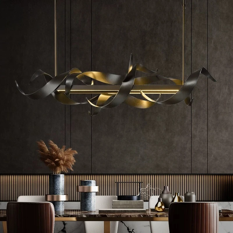 Modern Linear Ribbon Chandelier Black  Gold Twisted Metal Pendant Light Abstract Wavy Sculptural Hanging Lamp for Dining Room