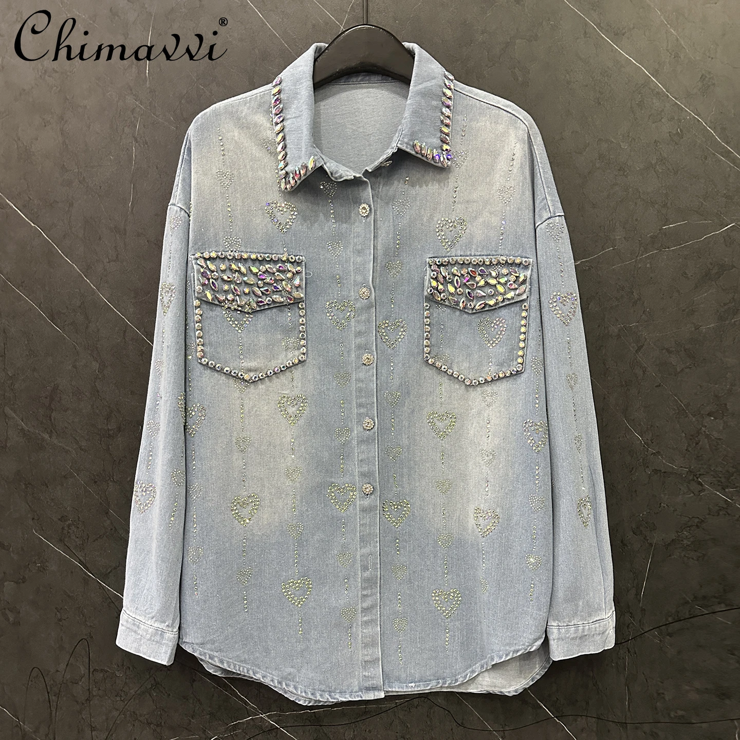 2025 Autumn Clothes New Heavy Heart Rhinestone Long Sleeve Denim Shirt Jacket Women Fashion Loose Casual Mid-Length Top