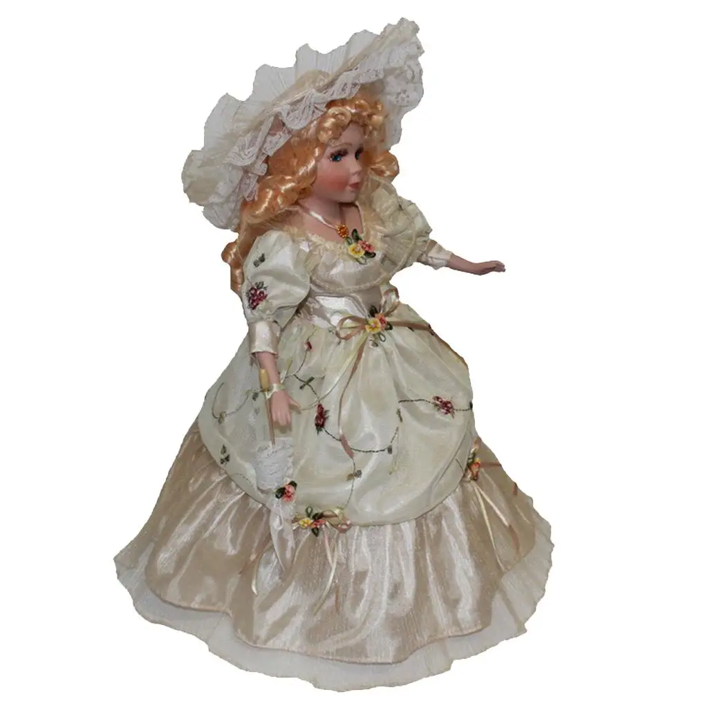 

Exquisite 16" Porcelain Doll with Ivory Ruffled Gown and Coordinating Headpiece