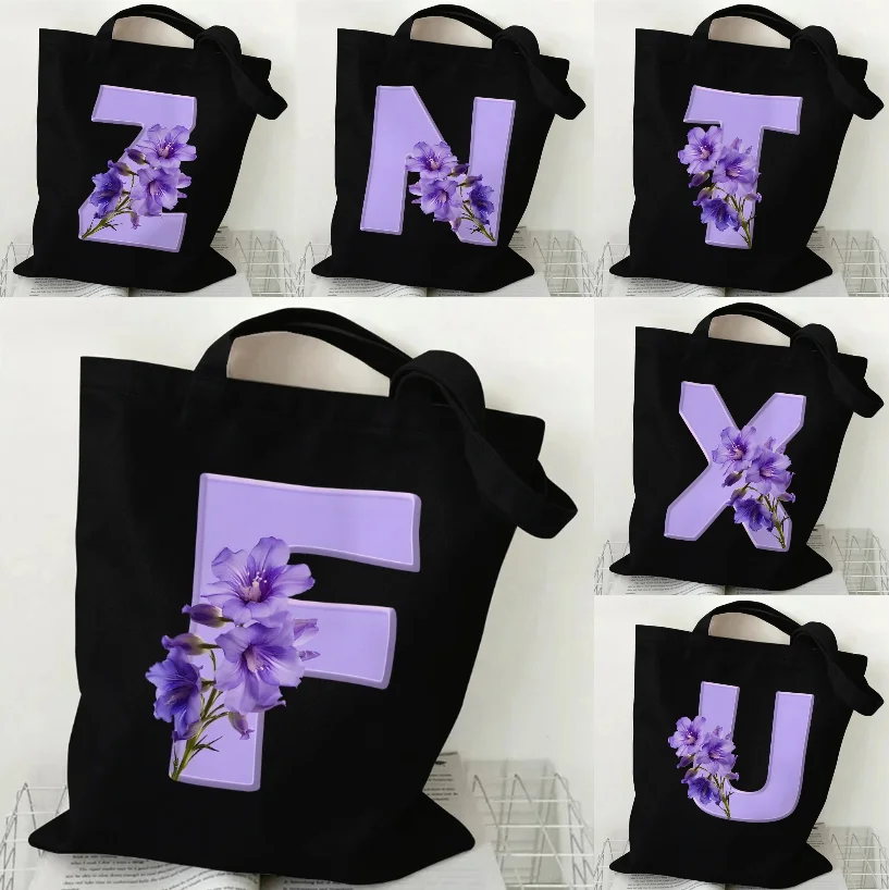 

Стильная фиолетовая холщовая сумка с цветочным принтом, женская большая сумка с алфавитом A-Z, сумка для покупок в стиле Харадзюку, эстетичная женская сумка на плечо