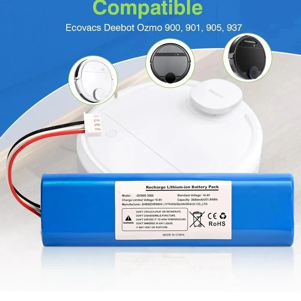 Bateria de substituição para Ecovacs Deebot Ozmo,  Robot Aspirador Bateria, 12800mAh, 900,901,905,920,930,937,N8,N8 pro