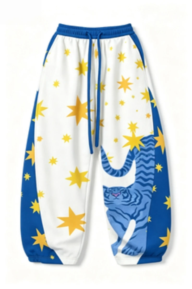 3D Printed Blue Tiger Yellow Star Jogging Pants with Drawstring, Elastic, Loose, Breathable, Casual Street Sports Sweatpants