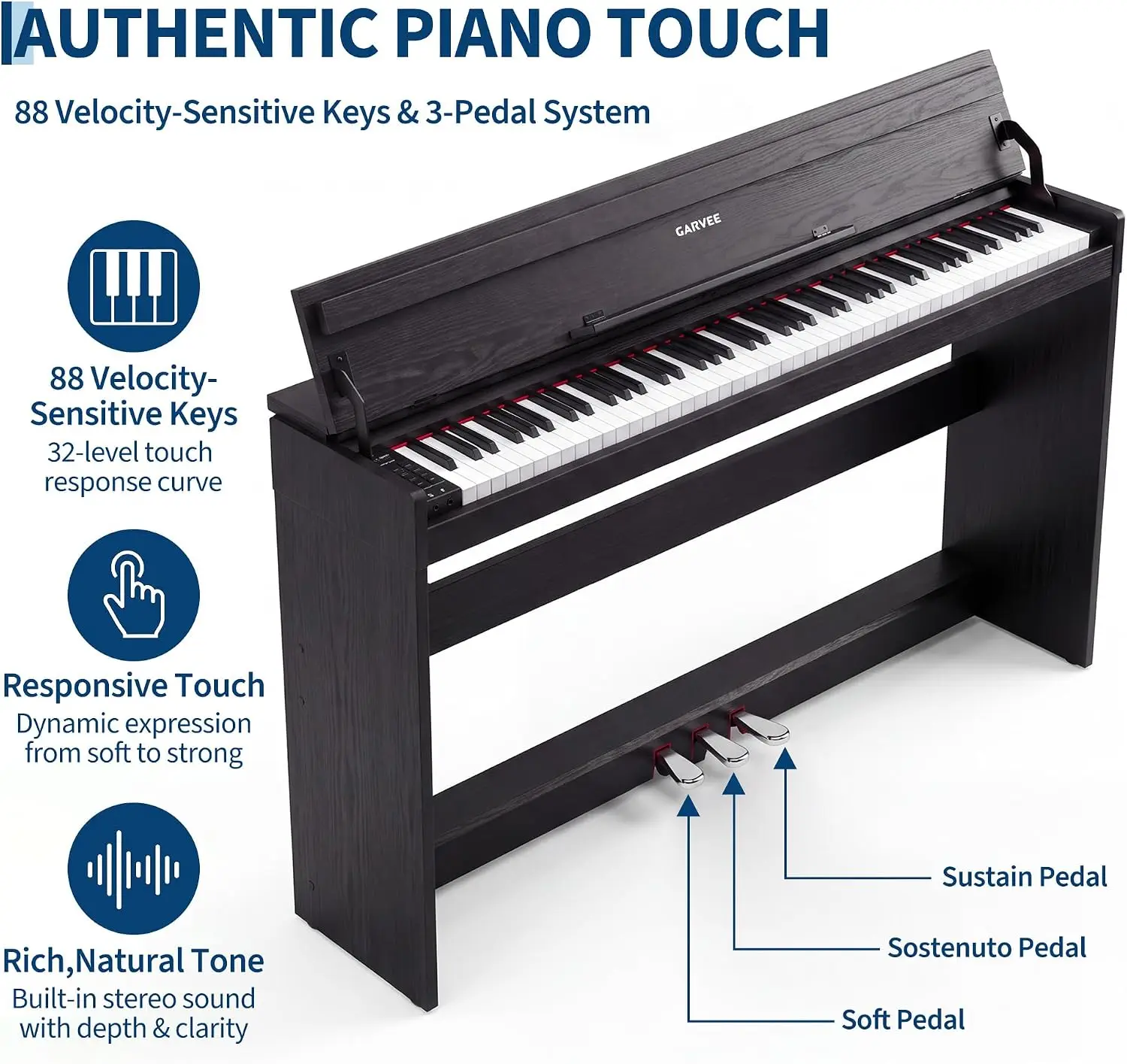 Tacleekii 88-Key Digital Piano with Touch-Sensitive Keyboard 3 Pedals Touch-Sensitive Keys Three Pedals Piano and Instrument Tones, with An ABS Design for Home Practice