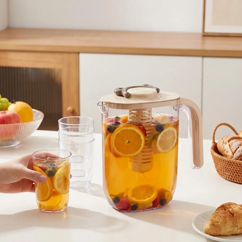 2200ml Fruit Infuser Water Pitcher Plastic Jug with Lid Handle BPA Free Drink Container for Fridge Iced Tea Juice Lemonade