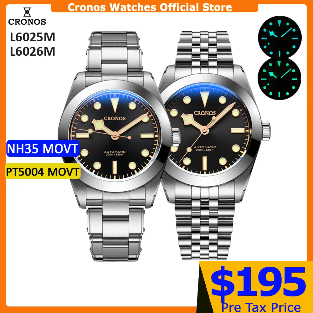 Cronos BB39 Mechanical Men Watch 39mm Automatic NH35 PT5000 SW200 Snow Hands Sapphire Glass Bushed Bracelet 20ATM  L6025M L6026