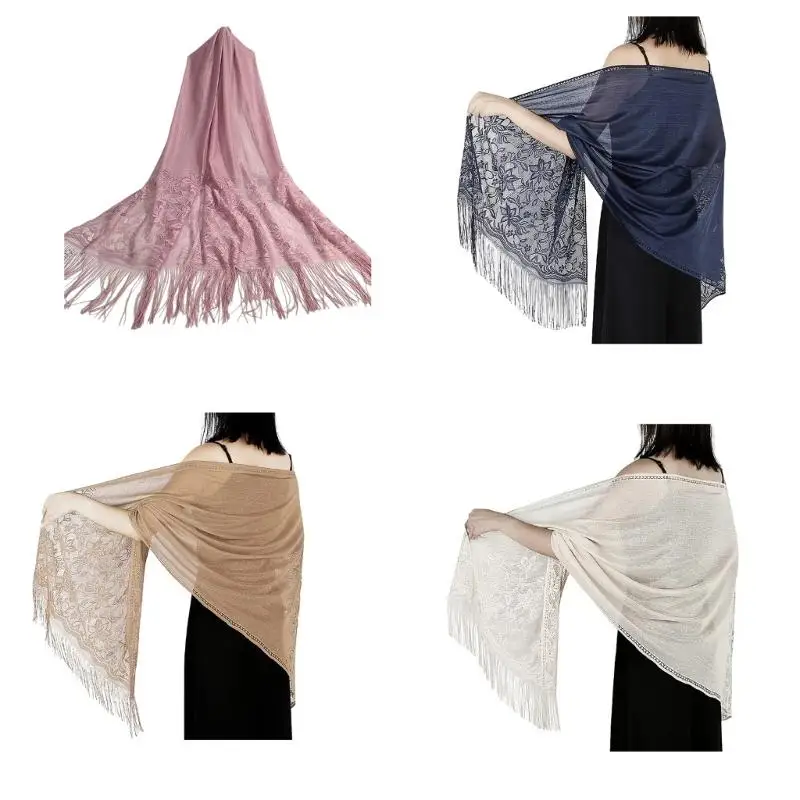 

31BB Elegant Flower Lace Scarf Shawl With Tassels Soft Mesh Fringe Wraps For Women Wedding Party and Evening Dresses