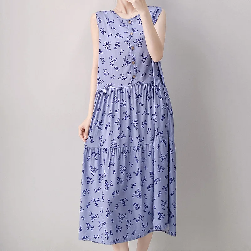 فستان نوم نسائي طويل مطبوع عليه زهور، ملابس نوم صيفية جديدة بدون أكمام، ملابس نوم فضفاضة، ملابس منزلية غير رسمية