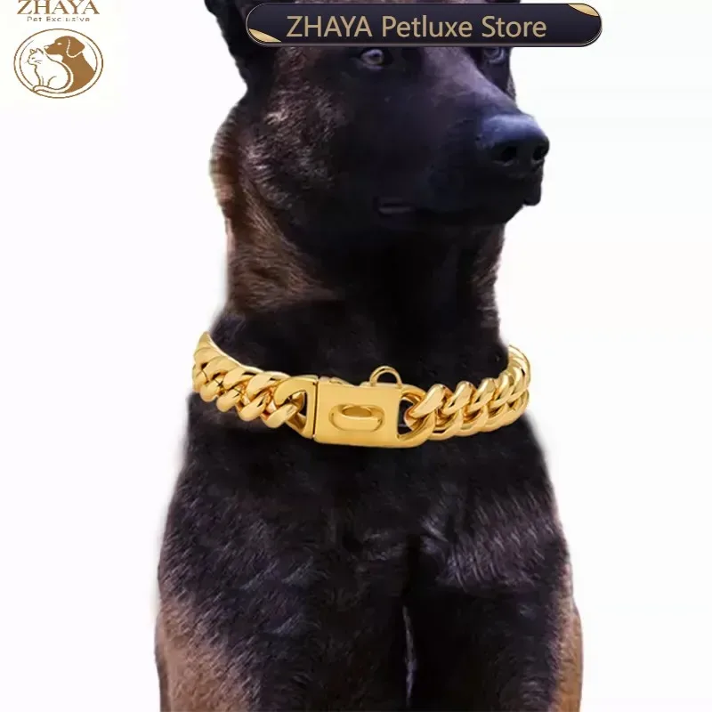 ZHAYA Stainless Steel Dog Collar Gold Chain Pet Necklace Anti Bite Neck Ring for French Bulldog Labrador Corgi Small Medium