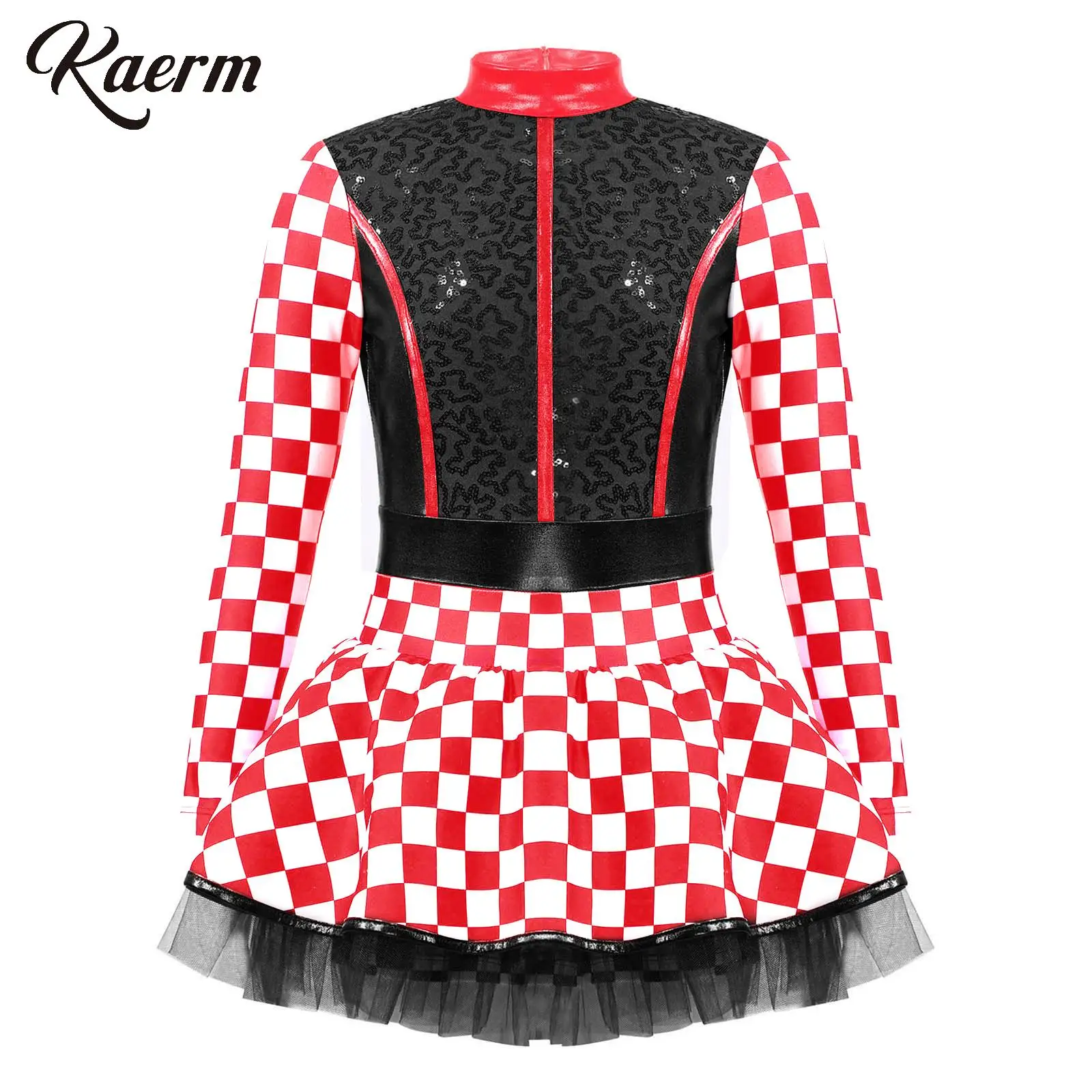 Kids Girl Racer Racing Driver Costume Checkerboard Print Sequin PU Mesh Patchwork Jumpsuit Halloween Cosplay Party Costume