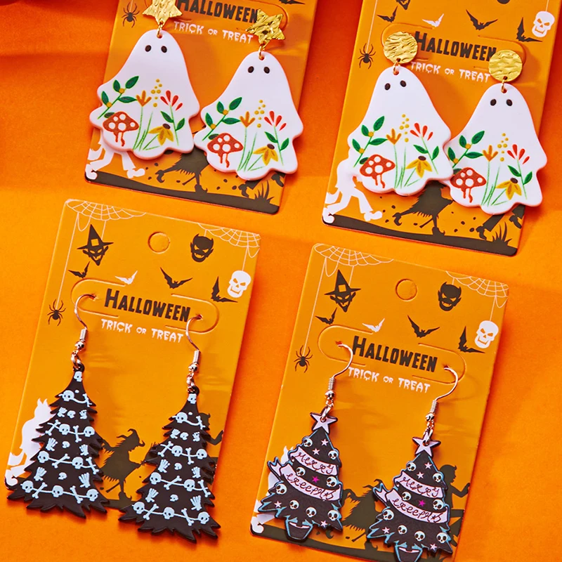 

New Halloween Earrings Flower Ghost Cartoon Ghost Print Pendant Acrylic Fashion Personalized Halloween Earrings Decoration