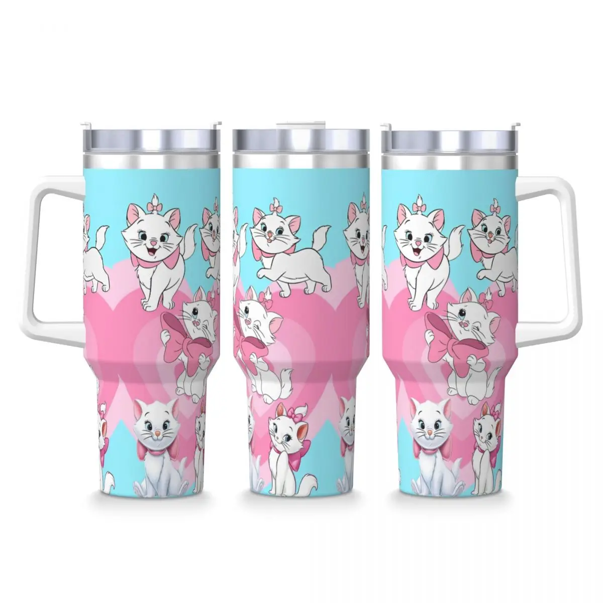 Stainless Steel Tumbler Cartoon Pink Marie Cat Car Mugs With Straws Kawaii Camping Hot Drinks Water Bottle Large Thermal Mug