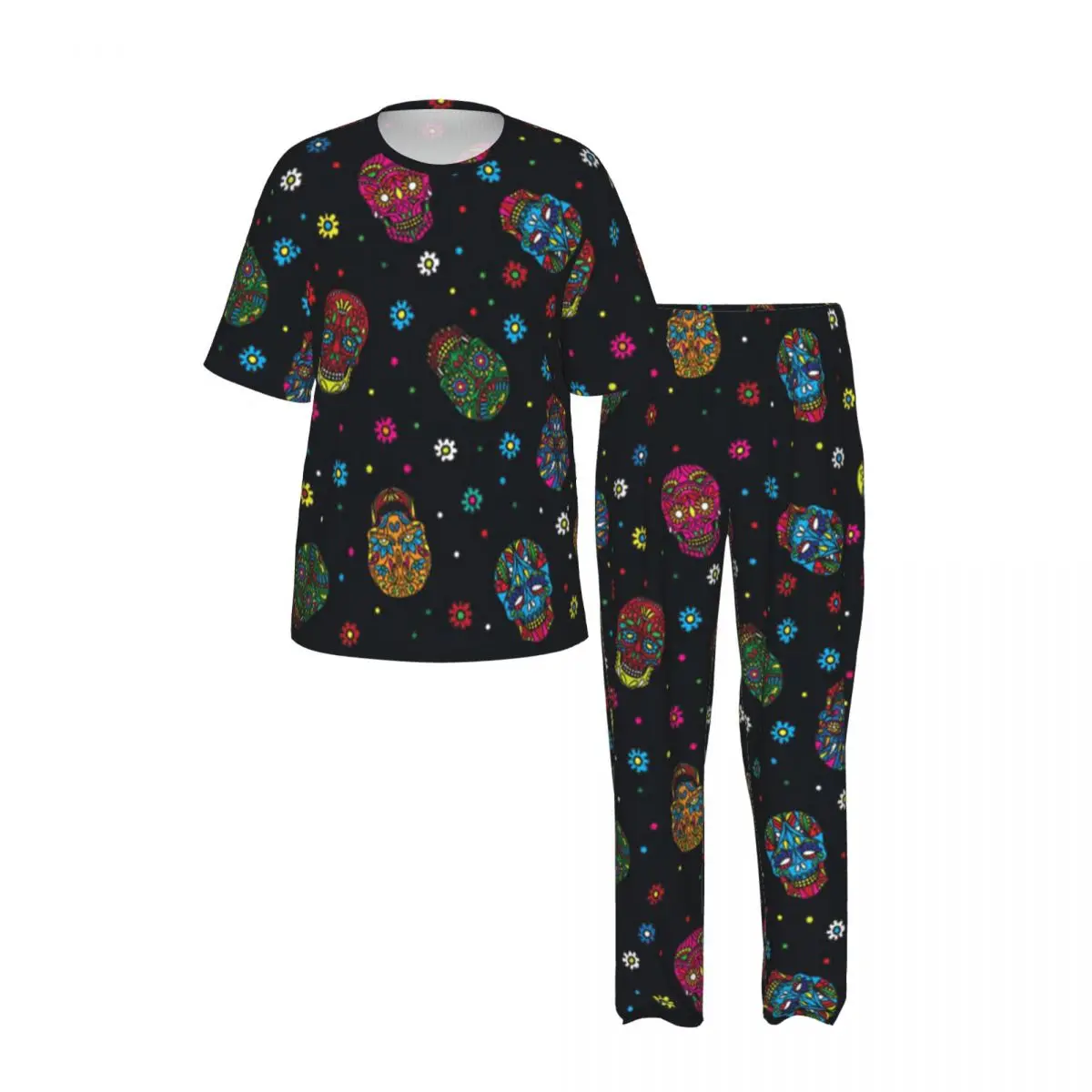 Men Pajamas Suit Short Sleeved Long Pants Day Of The Dead Pattern Sleepwear Summer Home Clothing Set