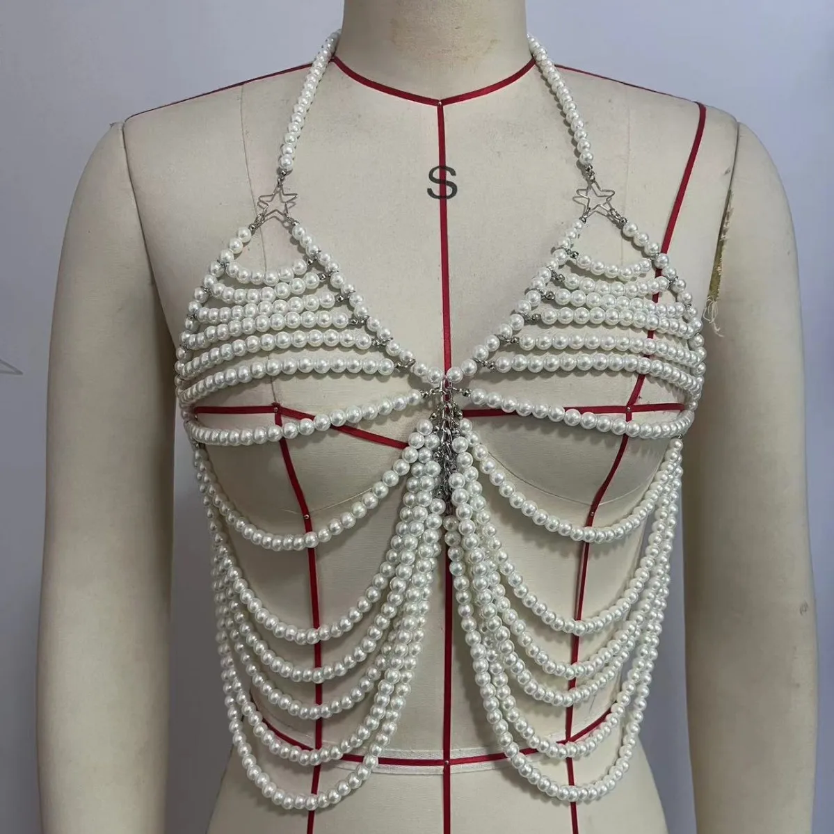 Multi-layer Parels Beha Keten Sieraden Halter Camis Tops Vrouwen Bikini Crop Zomer Party Backless Borst Body Chain Night Clubwear