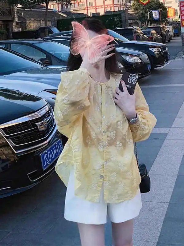 레트로 엘리 고급 자수 자외선 차단 여성 여름 독특하고 아름다운 슬림핏 아우터웨어 탑