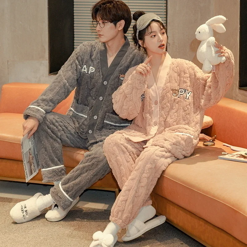 Winter Couple Sleepwear Warm Pajama Sets Flannel Coral Velvet Loungewear Sleepwear for Sleeping Cardigan Pants Two-piece Suits