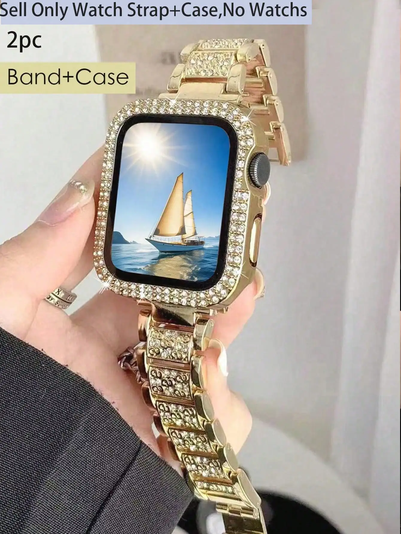 

2 шт. Металлический ремешок для часов с блестящими стразами + чехол для смарт-часов, золотистый оттенок, совместим с размерами 49/46/45/44/42/41/40/38 мм