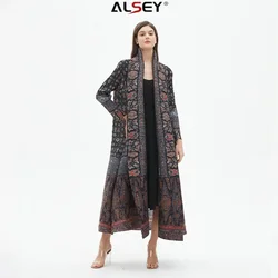 ALSEY Miyake Pleated Women's Long Gown Loose Plus Size Long Sleeve Tie Design Trench Vintage Printed Dress 2024 Summer New