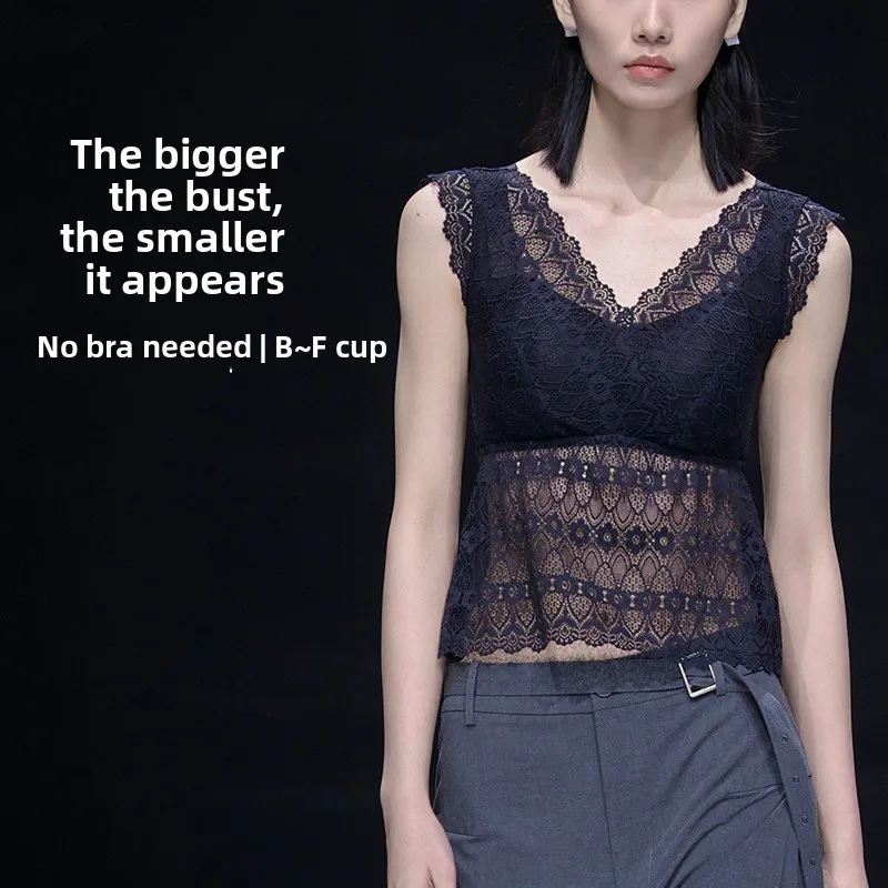 

Lace Wide Band Vest Women's Inner Wear with Chest Pad Anti Exposure Thin Large Chest Appears Small Underwear Commute Sle Pu...