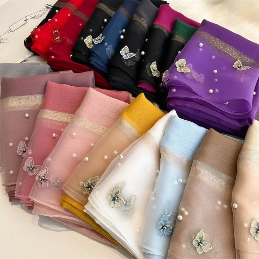 

Elegant Thin Silk Scarf Pearl Large Butterfly Embroidery Scarf Foulard Wraps Women Hijab Shawls Spring and Autumn