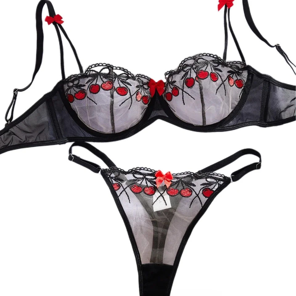 New French Cherries Bra Mesh Embroidery See Through Sexy Lingerie Sets Erotic Exotic Suits For Women Lady Sexy Lingerie Set Set