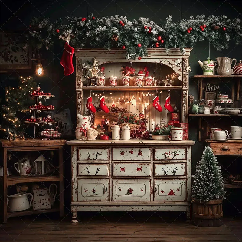 Mehofond عيد الميلاد خمر المطبخ التصوير خلفية الأسرة مهرجان حفلة خشبية العتيقة خزانة الخبز الكوكيز ديكور الخلفية