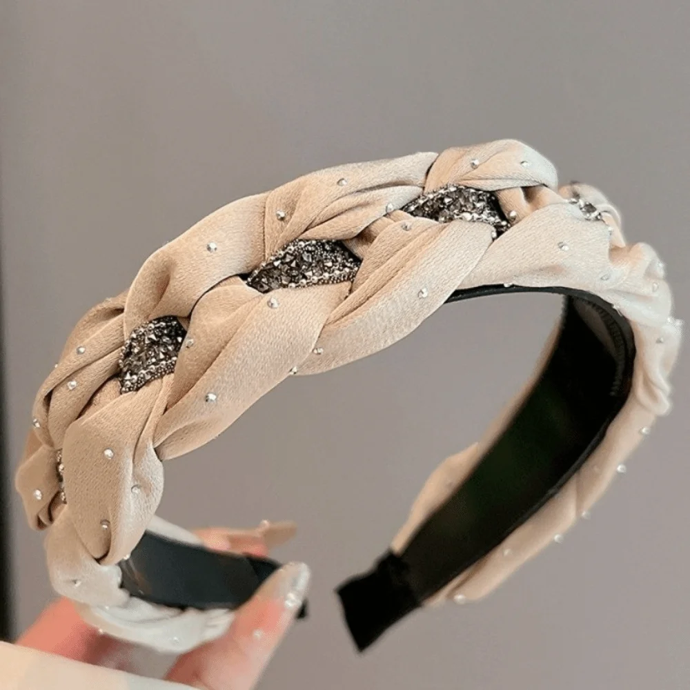 Wide Brim Rhinestone Headband Twisted Knotted Non-Slip High Cranial Hair Hoop Sparkling Elegant Braided Hairband