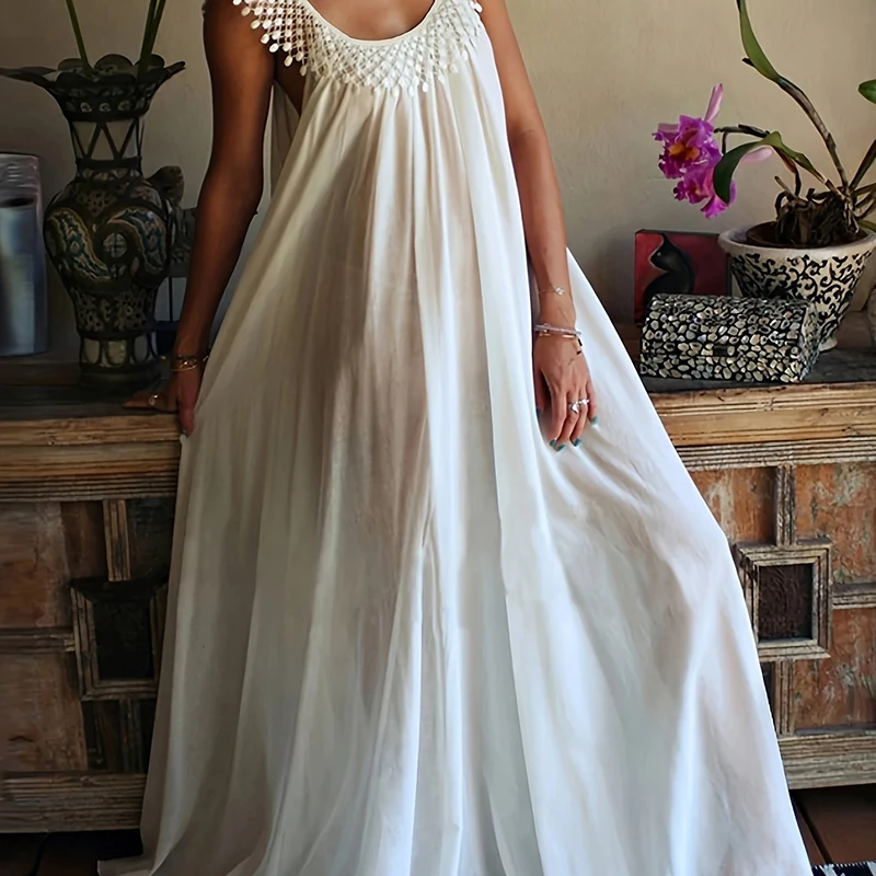 

Fashion Lace O-neck Patchwork Loose Dress Sexy Hollow Sleeveless Pleated Beach Dress Ladies Elegant High Waist Solid Long Dress