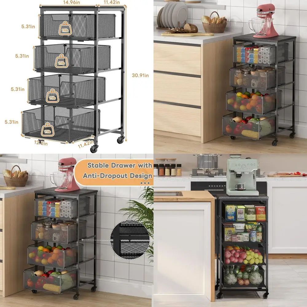 

Multi-Layer Kitchen Storage Cart with Wooden Top and Metal Wire Rack for Fruits, Vegetables, Cans, and Snacks