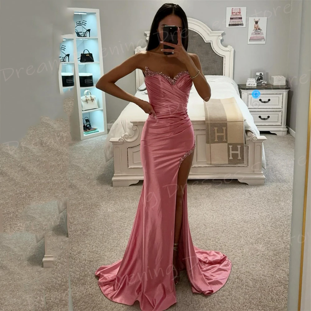 Elegante vestido de noite rosa feminino, vestido de baile sem alças, lado alto, frisado, clássico, popular, sexy, sereia