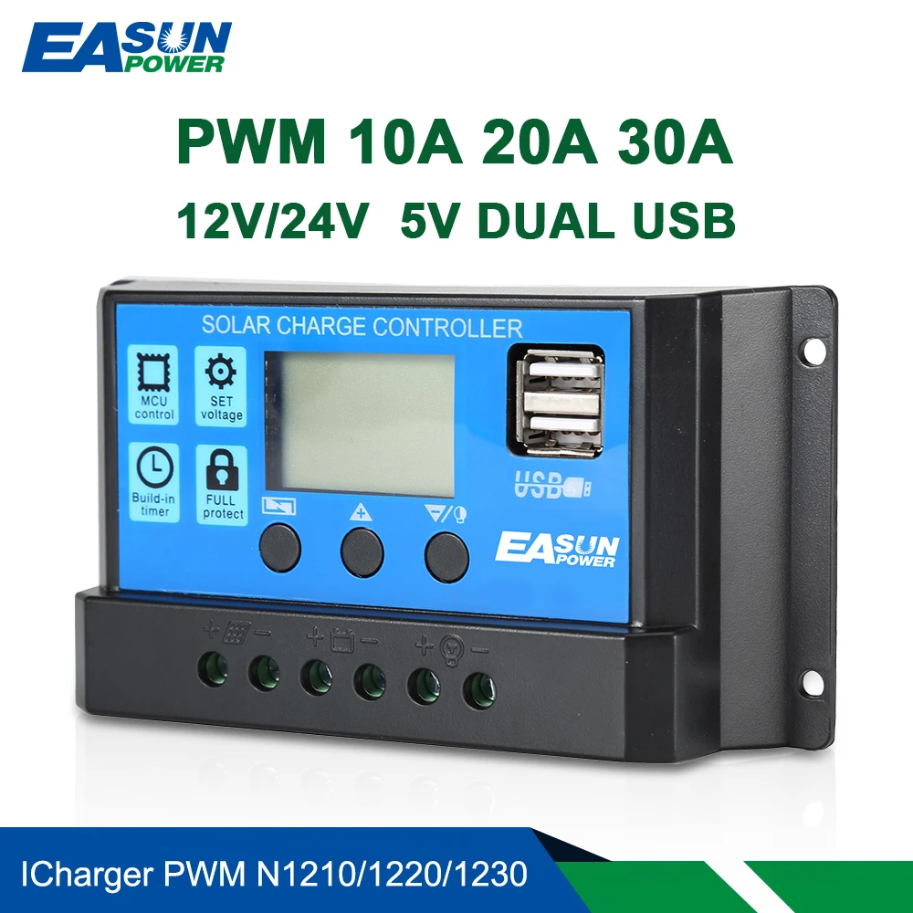 EASUN POWER Solar Controller  12V/24V LCD Display Dual USB 5V Output  60A 50A 40A 30A 20A 10A Solar Regulator PWM Battery Charge