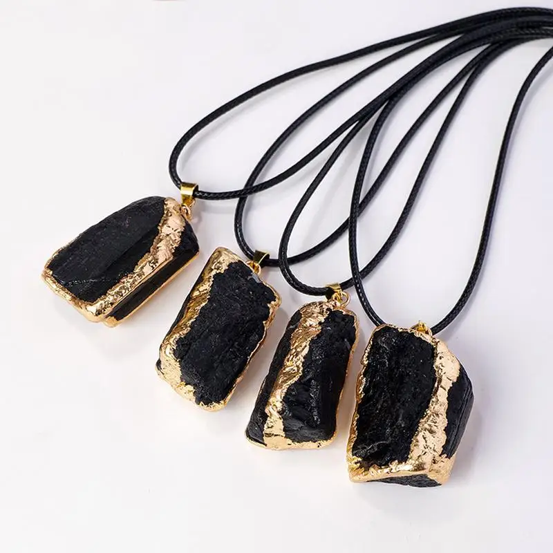 Black Obsidian Necklace Crystal Gem Healing Stone Black Tourmalines Stone Pendant Natural Raw Energy Chakra Stone Necklace