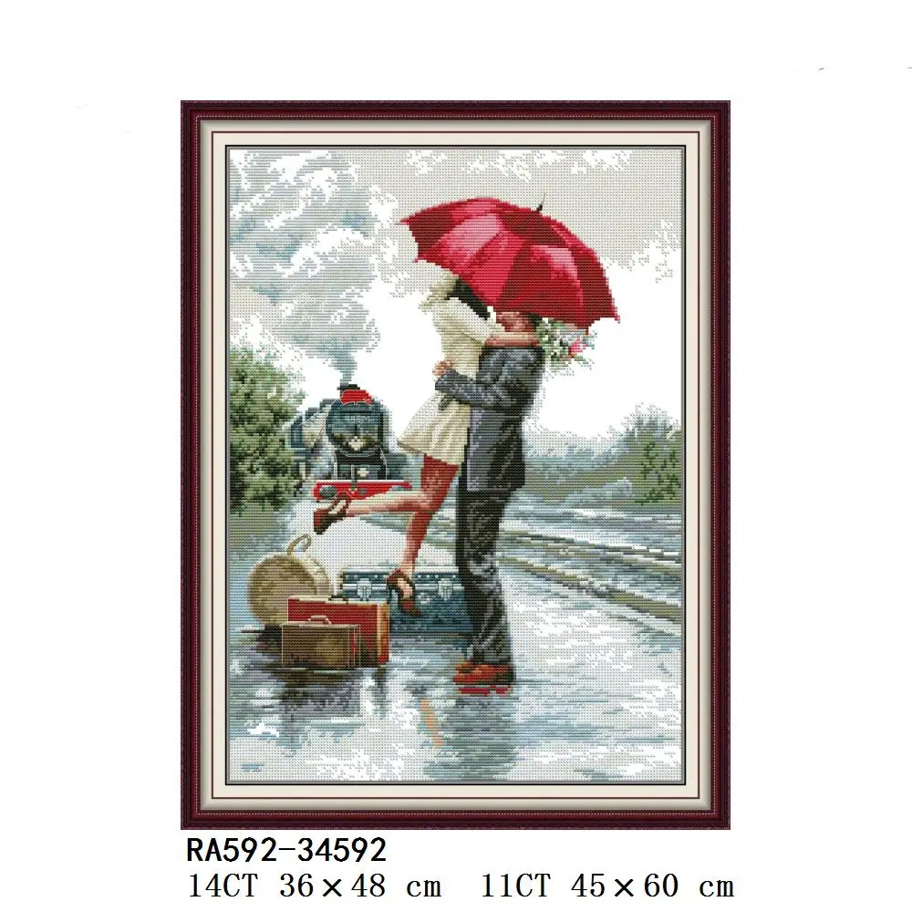 Couples in the Rain, Cross Stitch, A Romantic Walking in Rain, Meet again after a Long Period of Separation, R900, RA