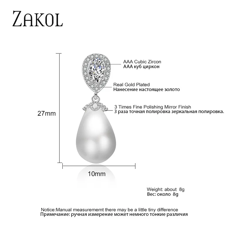 ZAKOL orecchini pendenti con perle d'imitazione bianche per le donne moda goccia d'acqua Cubic Zirconia orecchino da sposa gioielli da sposa per feste