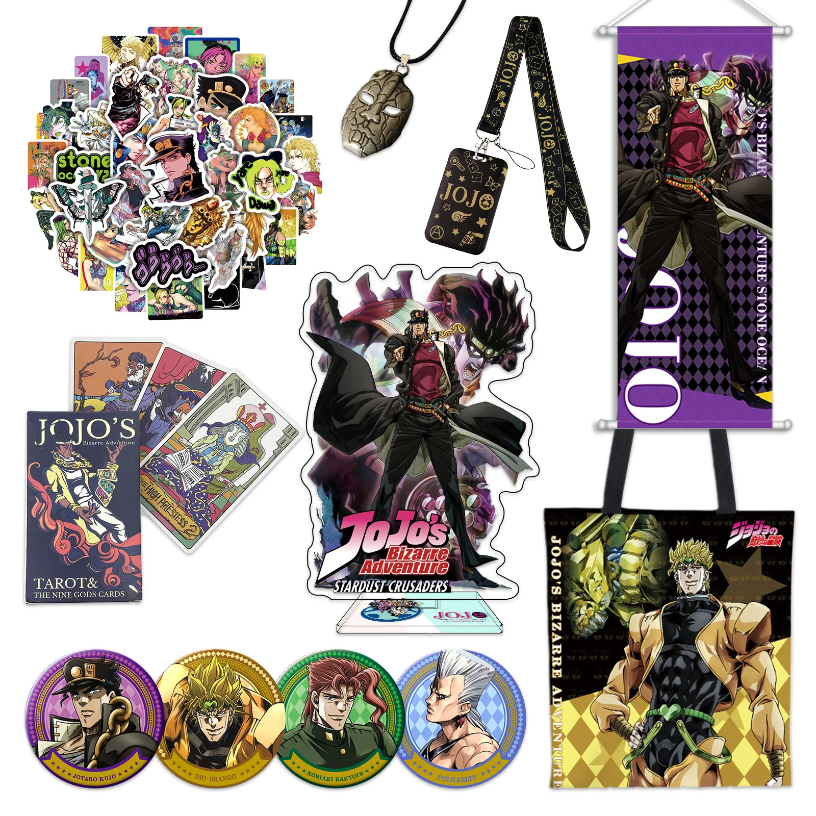 

JoJo’s Bizarre Adventure Jotaro Giorno Lucky Bag Set - Poster Canvas Bag Acrylic Stand Card Sleeve Stickers Badge Tarot Cards