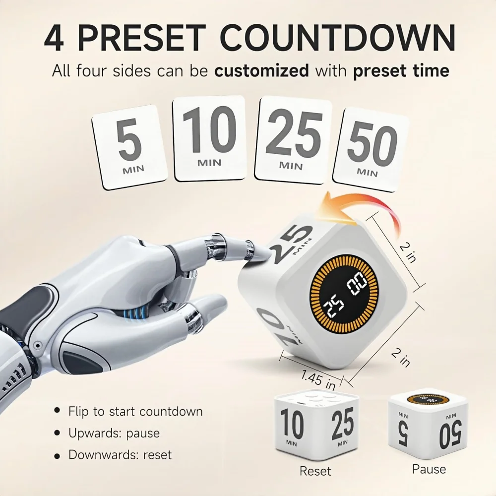Pomodoro Timer -for Kitchen/Study/Shower Timer,Silent Flip Digital Visual egg Timer, 5/10/25/50min Cooking Gadgets Smart