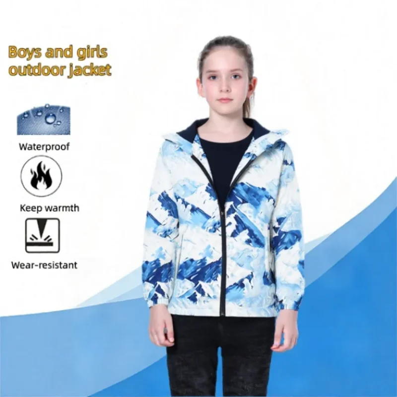 Semywange Girls Boys Waterproof Gradient Detachable Hood Fleece Lined Hiking Jacket Kids Track Coat Child Work Windbreaker 3-12Y