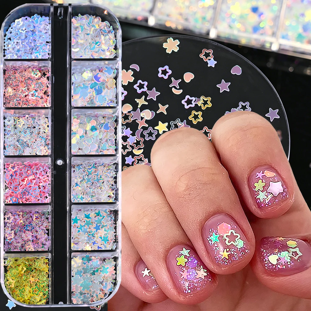 12grids Translucent Macaron Color Star Heart Nail Sequins Aurora Iridescent Sakura Hollow Star Nail Flakes Summer Nail Decora