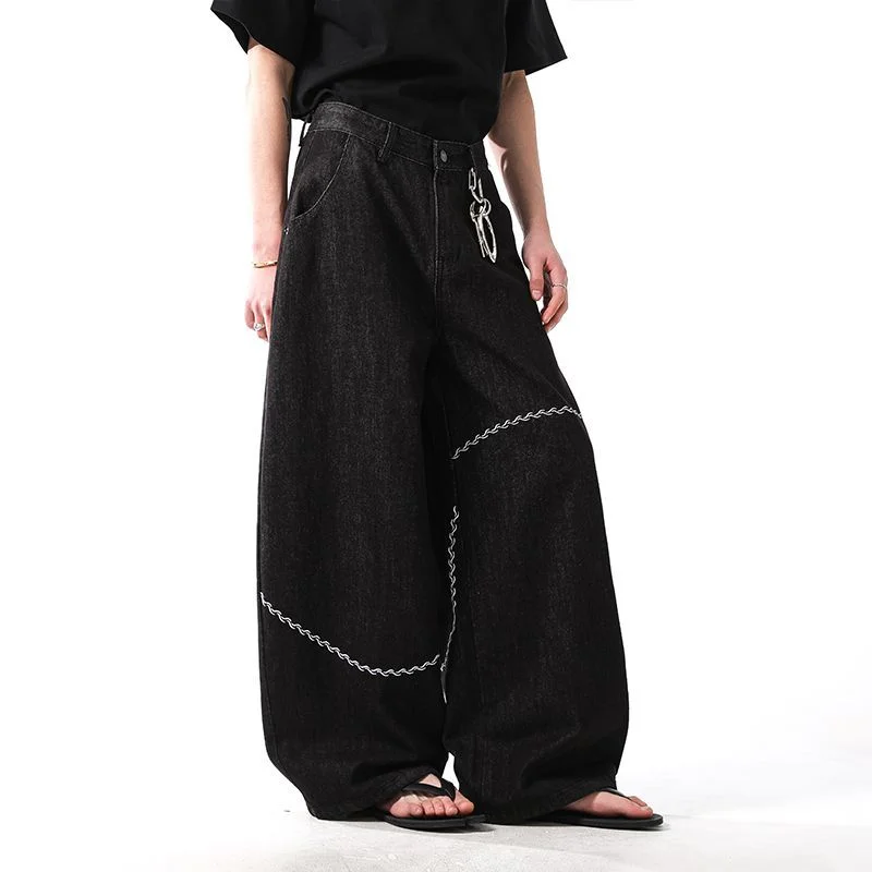Pantaloni neri Jeans ricamati alla moda da uomo Pantaloni larghi dritti scimitar a gamba larga dal design americano