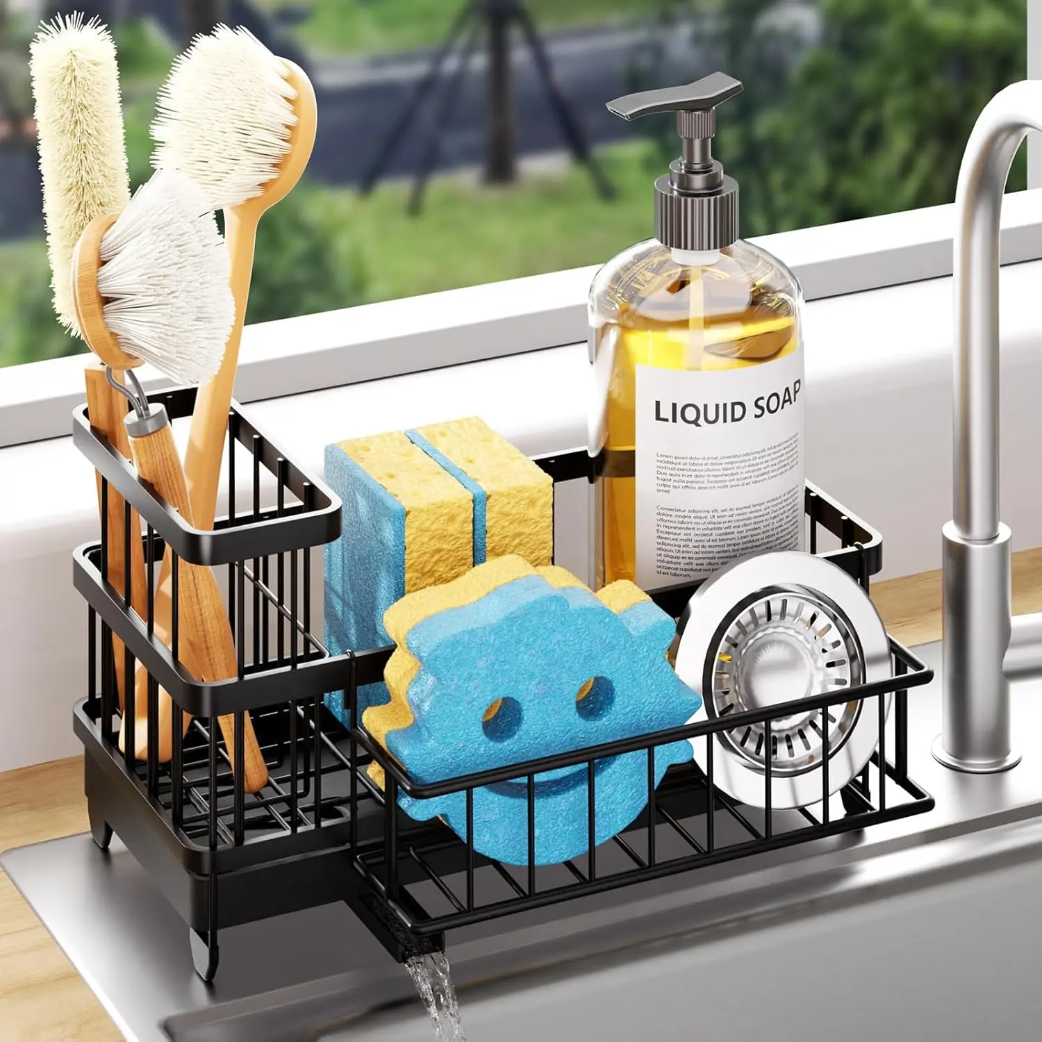 

Auto Draining Sponge Holder for Kitchen Sink - 360° Rotatable Spout, Stainless Steel Caddy with Detachable Rack, Brush Holder, Countertop Organizer, Black